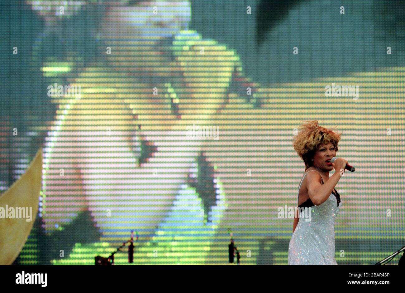 Die amerikanische Sängerin Tina Turner im Konzert, Murrayfield, Edinburgh, während ihrer Welttournee. Stockfoto