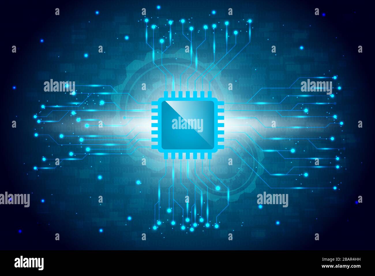 Abstrakte Technologie Hintergrundvektor mit glühendem Computerchip, glänzendem Schaltbild und binärer Codetextur. Stock Vektor