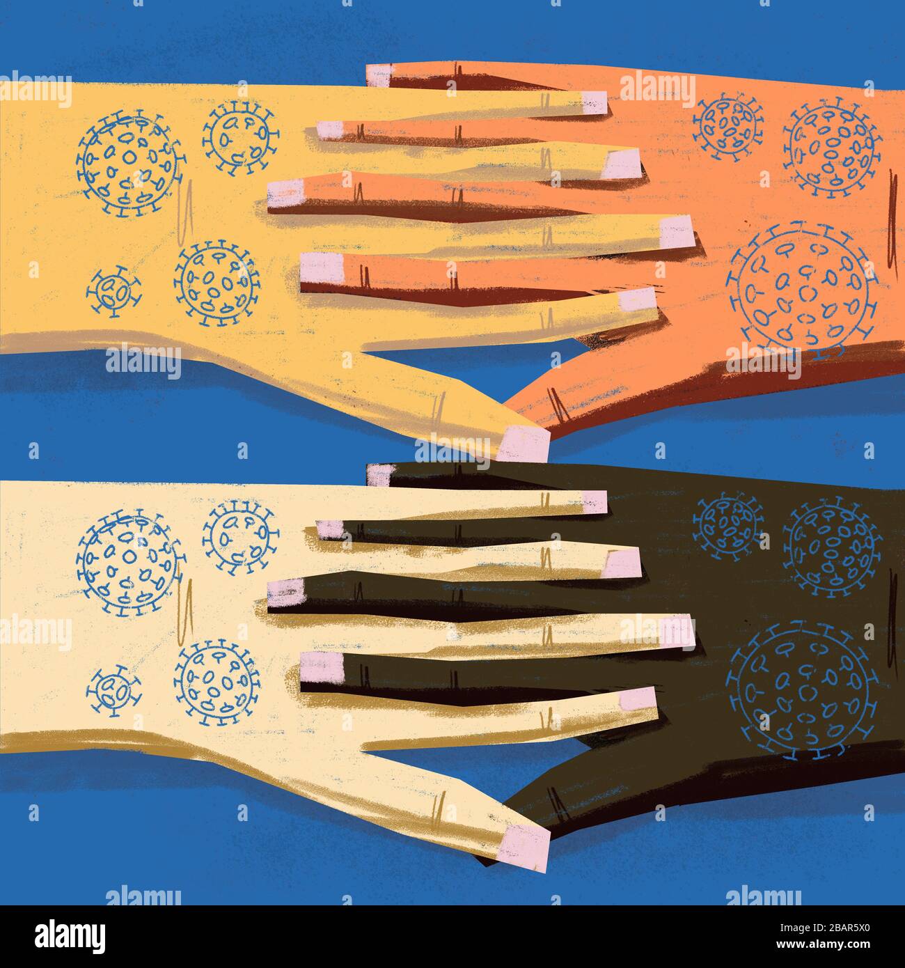 Interracial Hände illustriert, als sie von Menschen zusammengefügt wurden, die an Coronavirus erkrankt sind. Stockfoto