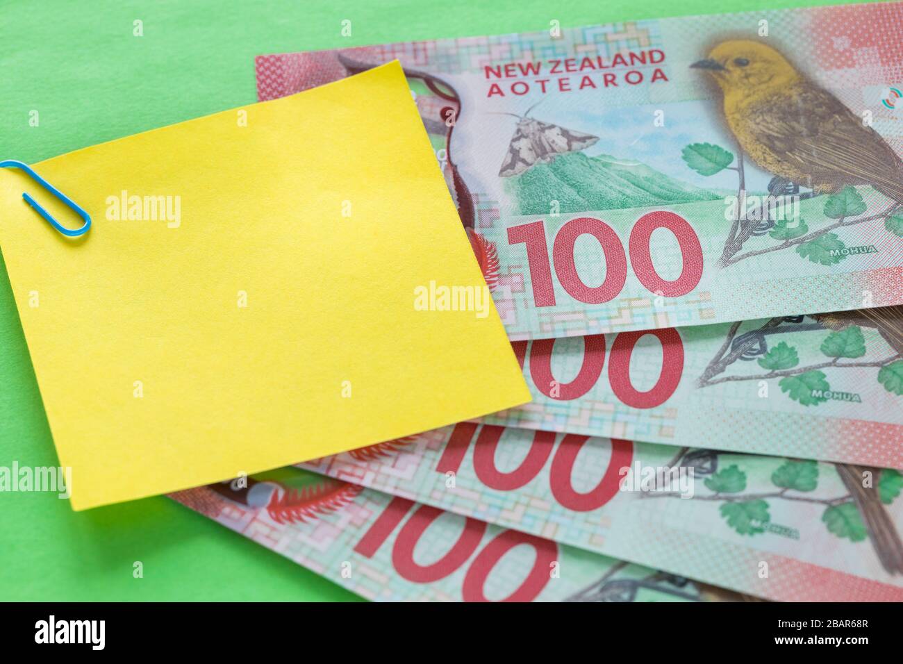 Neuseeländisches Geld, 100 Dollar Banknoten auf grünem Hintergrund mit einer leeren gelben Karte für Text Stockfoto