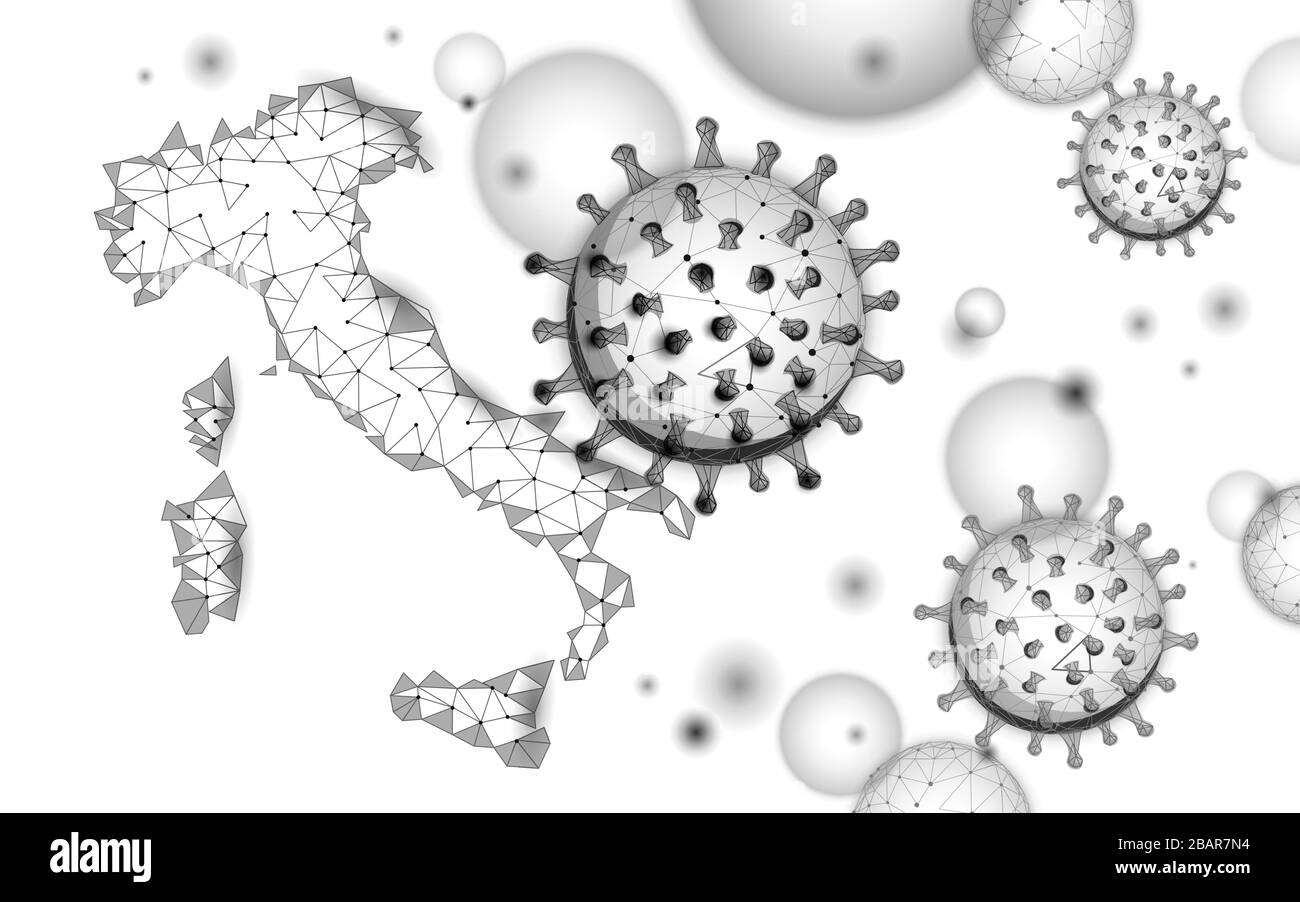 Geografische Karte für Italien. Vorbeugung gegen Infektionspneumonie Digitales 3D-Banner mit niedriger Poly. Internationaler Ausbruch von Auslandsreisen. Europa international Stock Vektor