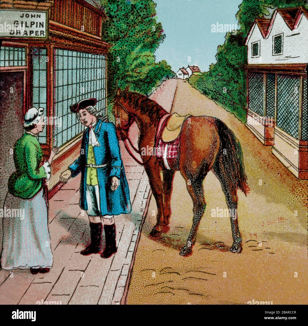 The Diverting History of John Gilpin, eine Illustration eines historischen Mannes auf dem Pferd, der zum Bell Inn in Edmonton fährt, aber versehentlich an einen Ort namens "Ware" umgeleitet wird. John Gilpin war ein 'Draper' bekannt, eine Geschichte von William Cowper aus dem Jahr 17888823. Stockfoto