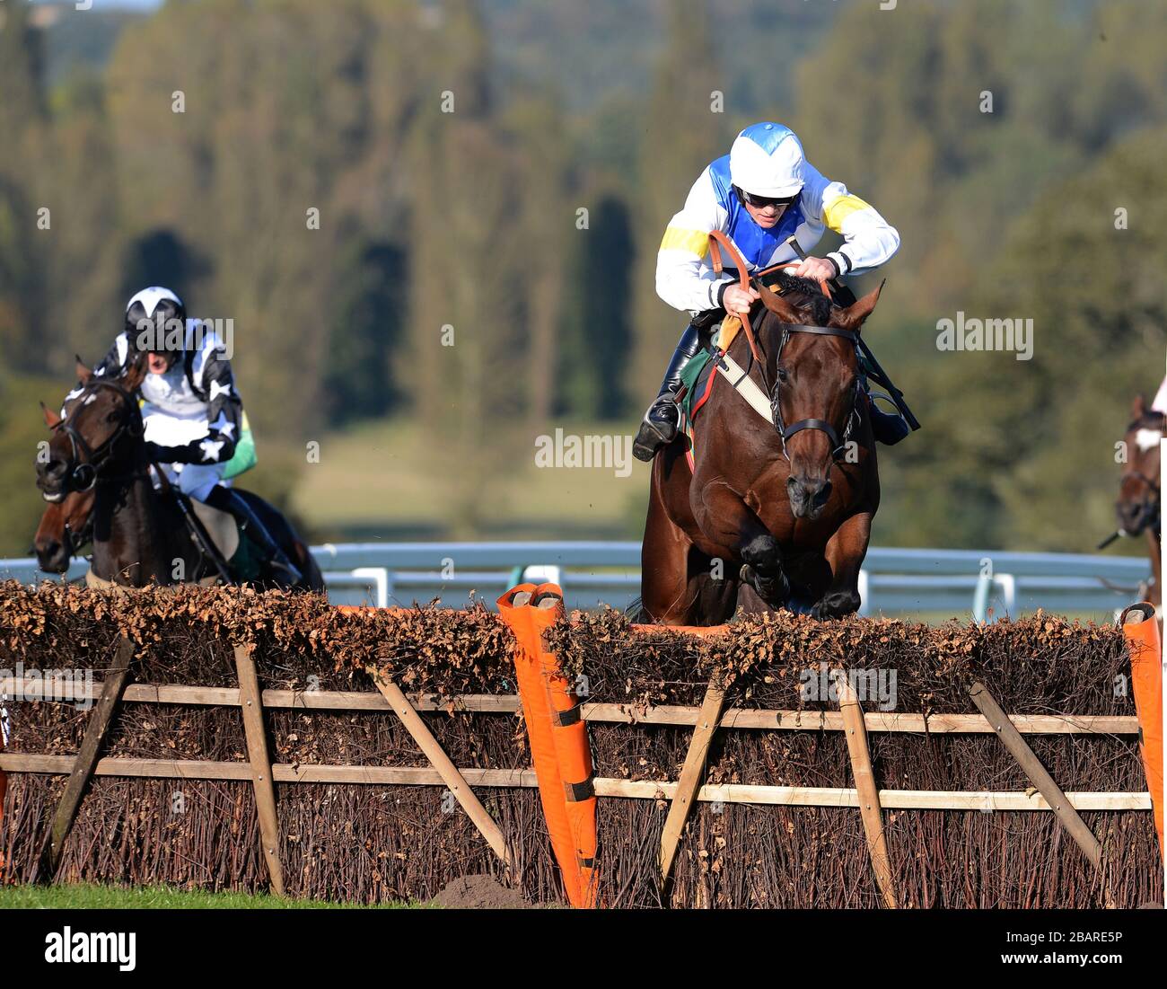 Buxom, der von Sam Twiston-Davies geritten wird, nimmt den letzten Zaun vor der Gewinnerin Roseini, die von Josh Hamer in der "National Hunt"-Novizenhürde der Thoroughbred Breeders Association Mares geritten wurde Stockfoto