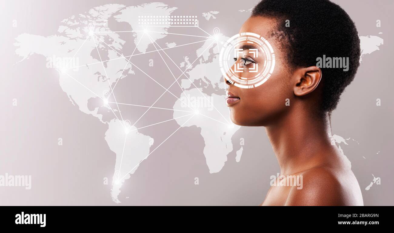 Erfassung persönlicher Daten. Augenuntersuchung von afroamerikanischer Frau, Collage mit Daten auf virtuellem Bildschirm. Leerzeichen Stockfoto