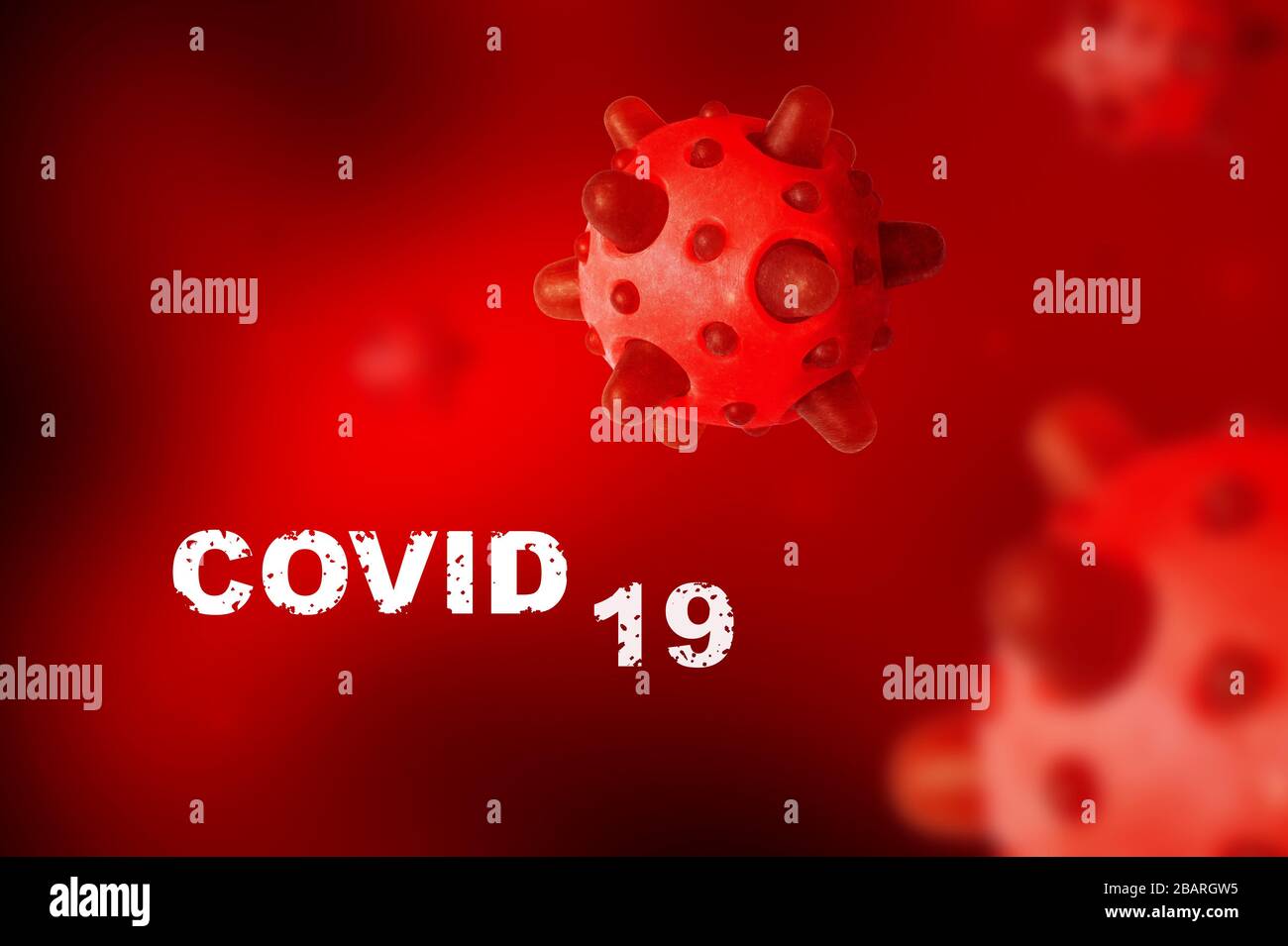 COVID-19-Coronavirus-Banner, mikroskopische Ansicht des SARS-COV-2-Corona-Virus im Blut, 3D-Abbildung. Untersuchung von Coronavirus-Ausbruch und Pandemie. Kon Stockfoto