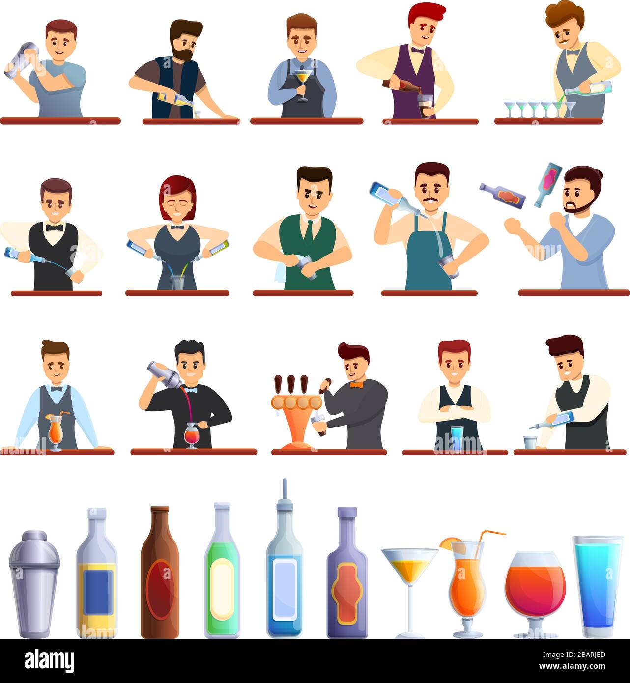 Barkeeper Symbole gesetzt. Cartoon-Satz von Barkeeper Vektorsymbolen für das Webdesign Stock Vektor