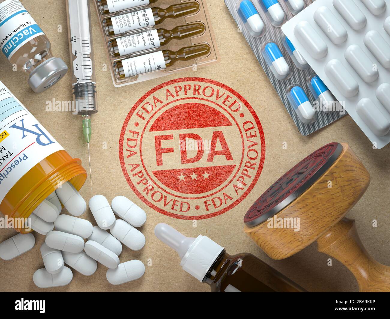 FDA-zugelassenes Konzept. Gummistempel mit FDA und Medizin. 3D-Abbildung Stockfoto