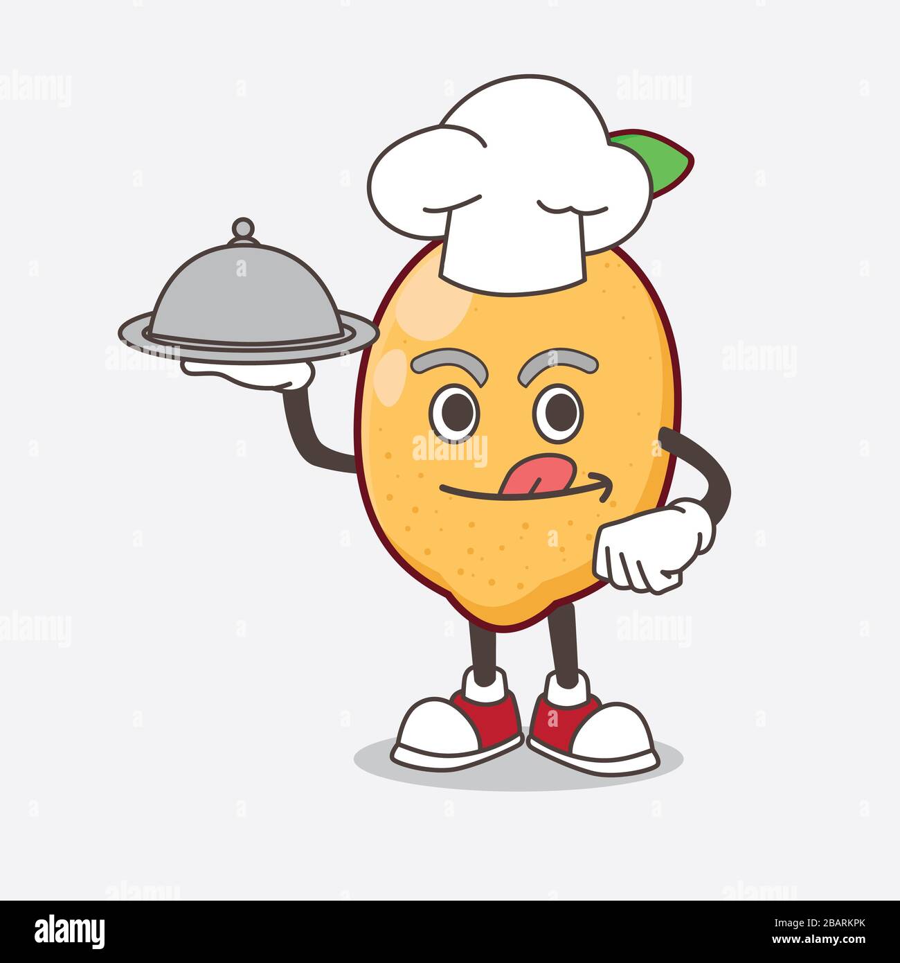 Eine Illustration der Figur des Lemon Fruit Cartoon Maskottchens als Koch mit Speisen auf dem Tablett bereit zum servieren Stockfoto