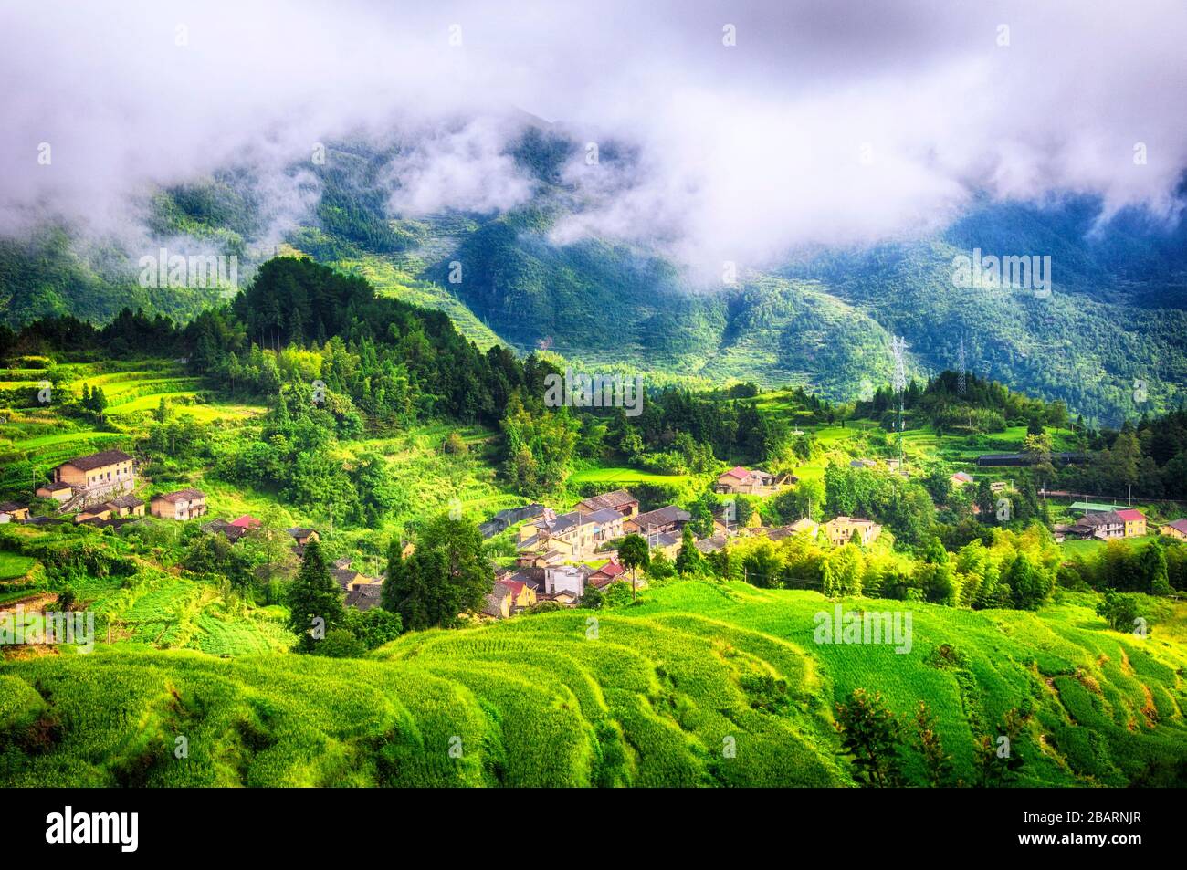 Wolken, die im Sommer über der Yunhe hängen, wölken Reisterrassen in der chinesischen Provinz Zhejiang. Stockfoto