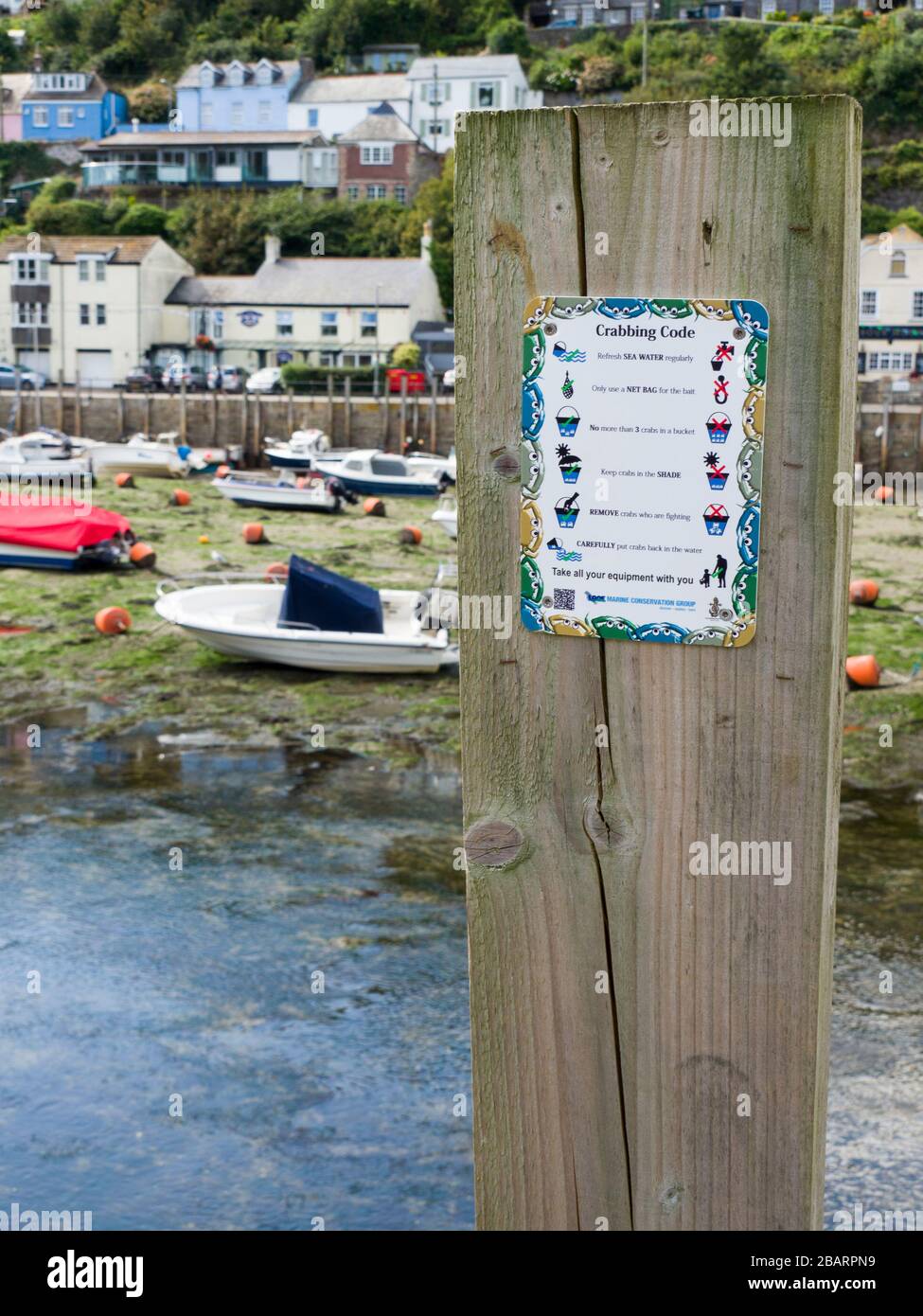 Crabbing Code sign by the Marine Conservation Group at Looe Harbor, Cornwall, UK Stockfoto
