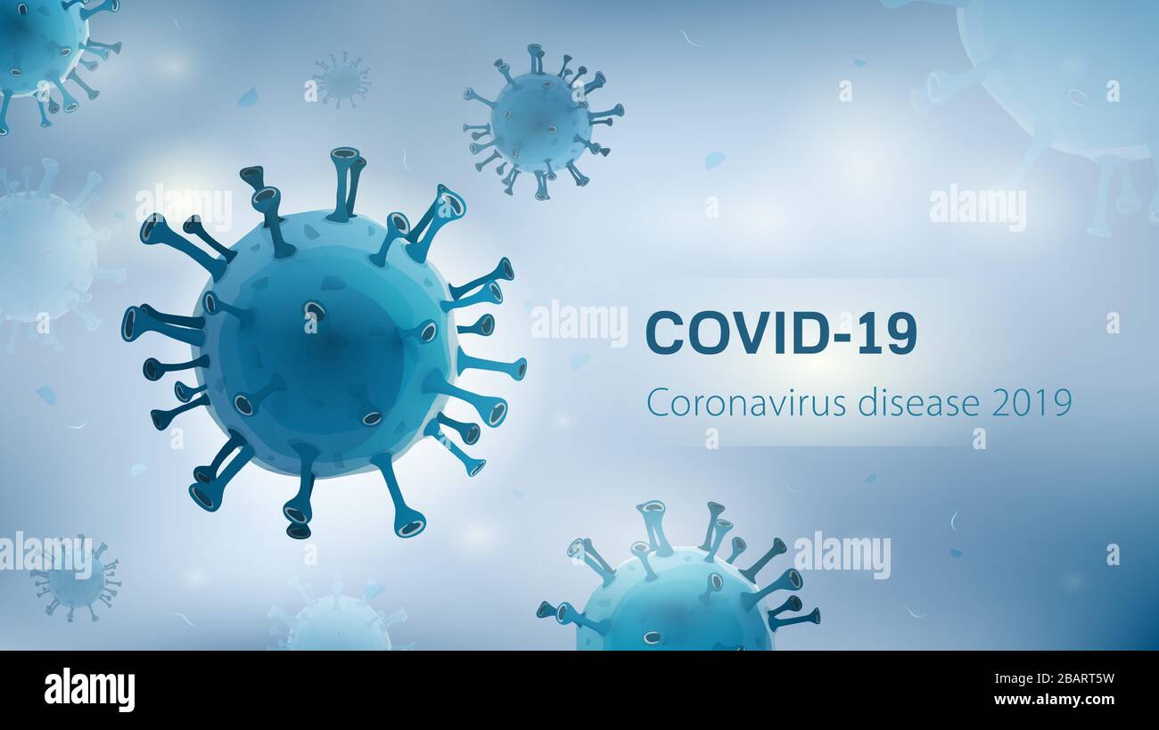 Viruspartikel auf weißem blauem Hintergrund mit COVID-19 Coronavirus Disease 2019 Text Stock Vektor