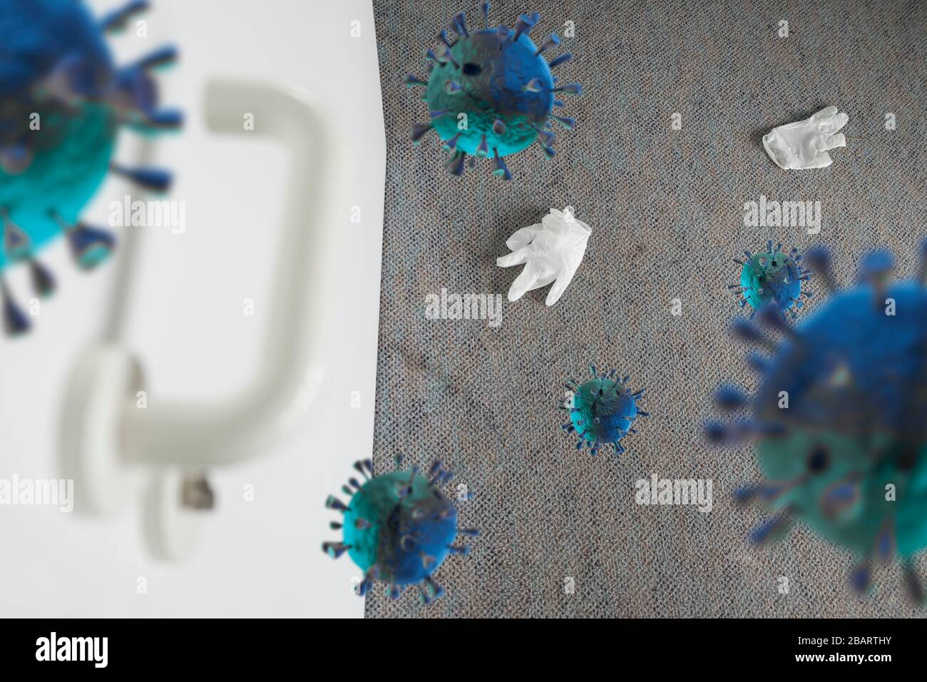 Corona-Virusinfektionskonzept: Hygienemedizinische Handschuhe und Türgriff mit Corona-Virusrenderings Stockfoto