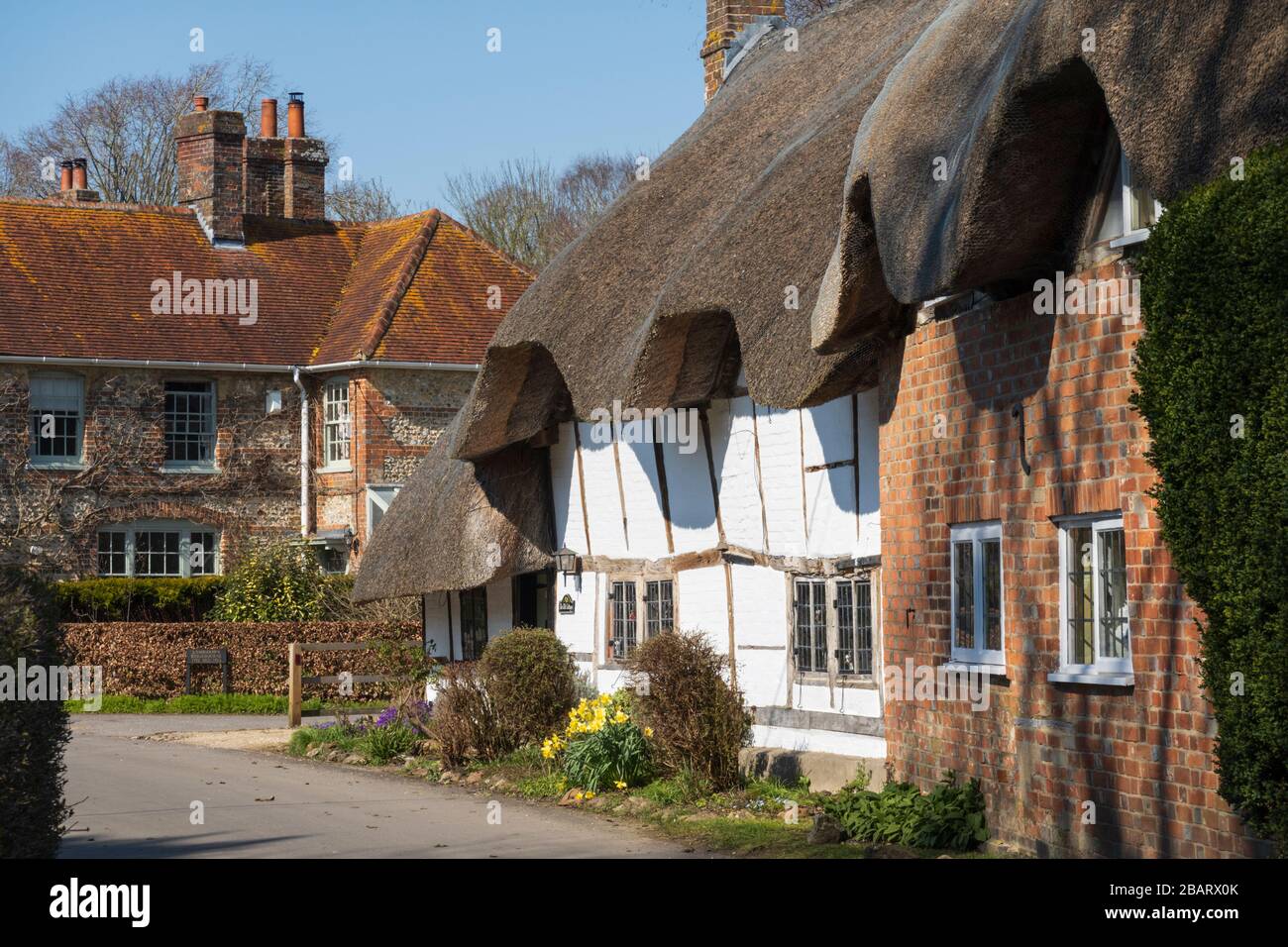 Alte Cottages entlang der Straße durch das Dorf East Garston im Frühling Nachmittag Sonnenschein, West Berkshire, England, Großbritannien, Europa Stockfoto