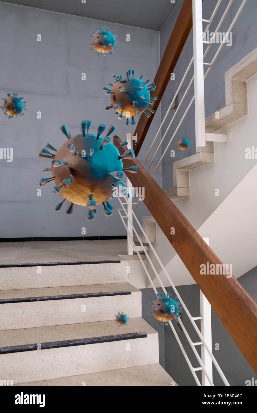 Corona Virus Concept: Treppenaufgang mit Corona-Virus-Renderings als Symbol für Hygiene, um eine Verbreitung des Virus zu verhindern Stockfoto