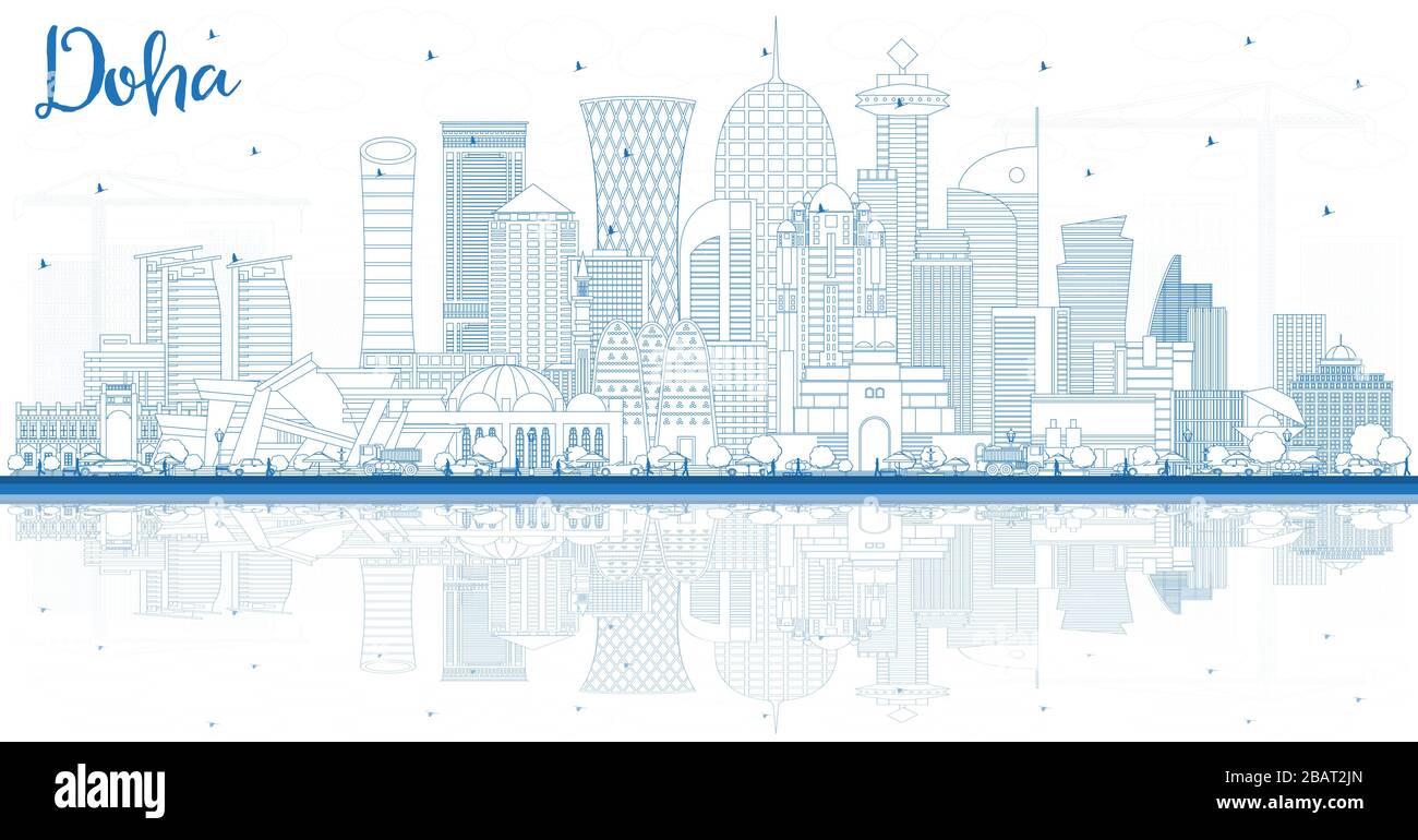 Skizzieren Sie die Skyline der Stadt Katar von Doha mit den blauen Gebäuden und Reflexionen. Vektorgrafiken. Business Travel und Konzept mit moderner Architektur. Doha. Stock Vektor