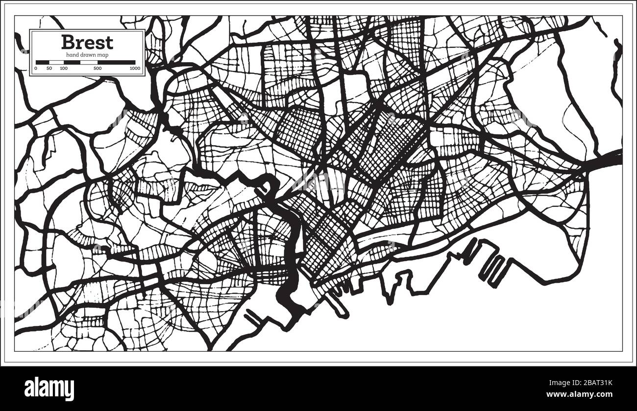 Stadtplan von Brest France in Schwarzweiß im Retro-Stil. Übersicht. Vektorgrafiken. Stock Vektor