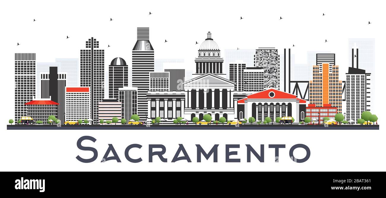 Sacramento California City Skyline mit grauen Gebäuden isoliert auf White. Vektorgrafiken. Business Travel and Tourism Konzept. Stock Vektor