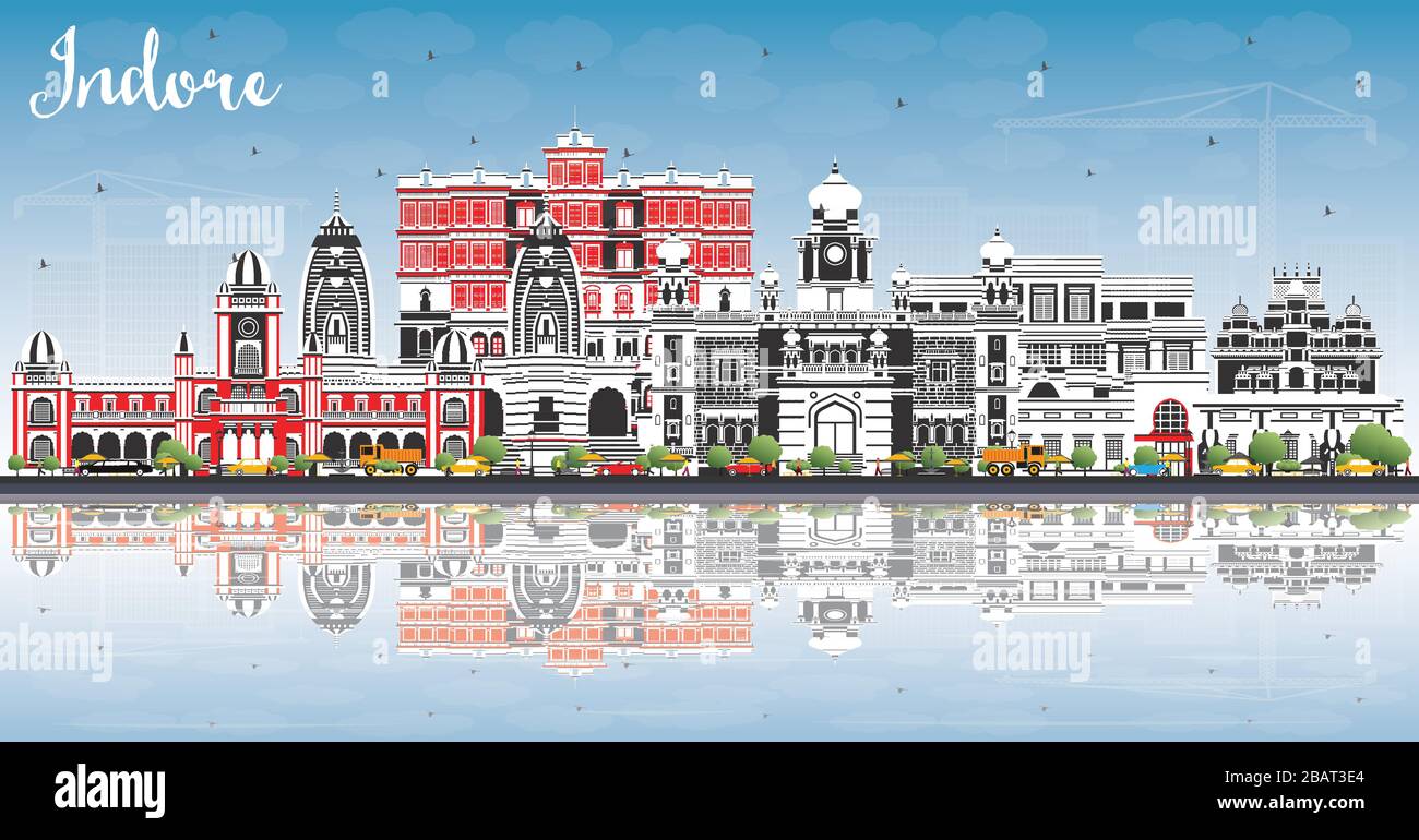 Indore India City Skyline mit grauen Gebäuden, blauem Himmel und Reflexionen. Vektorgrafiken. Stock Vektor