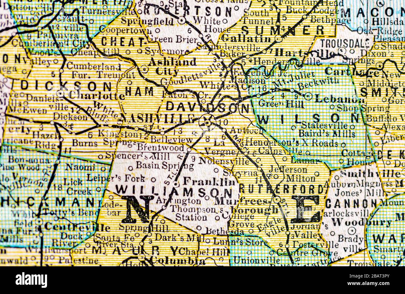 Detailbild des mittleren Tennessee auf einer Antikkarte Stockfoto