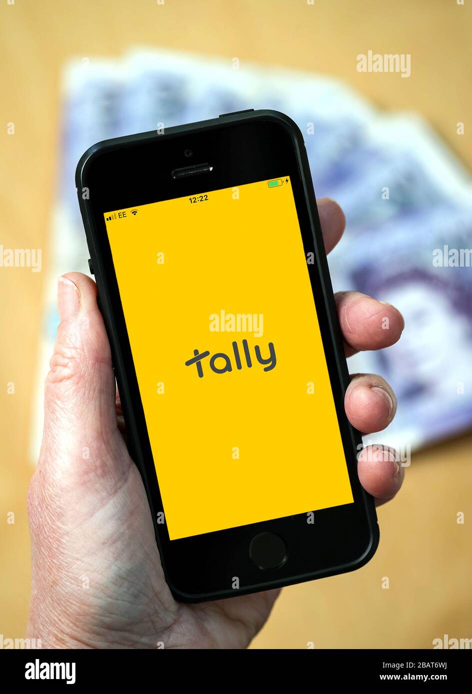 Eine Frau, die die Tally Accounting App auf einem Mobiltelefon verwendet. (Nur Redaktionelle Verwendung) Stockfoto