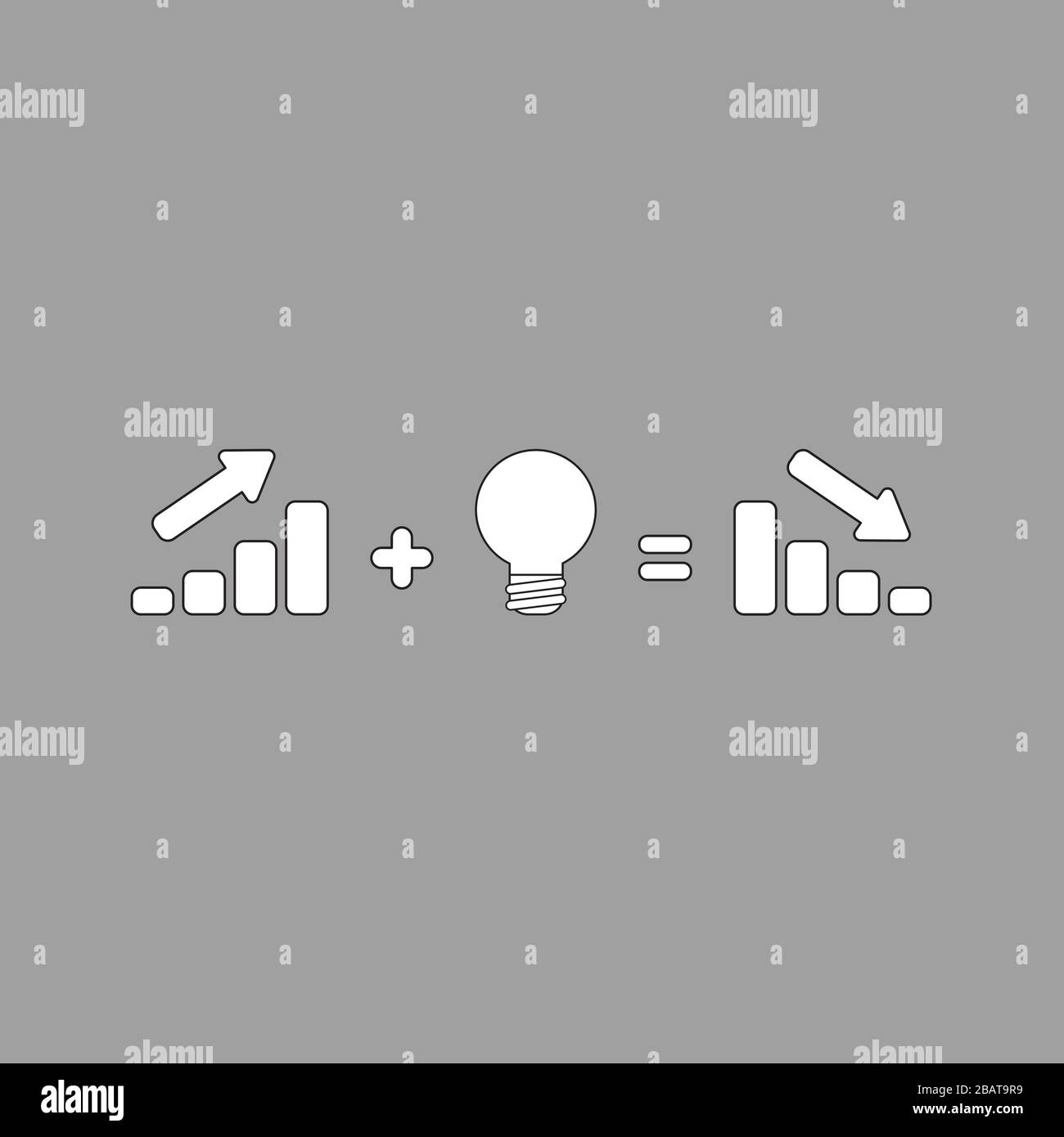 Vektor Illustration Konzept des Verkaufsbalkendiagramms nach oben plus schlechte Idee der Glühbirne entspricht dem Abwärtsplus der Verkaufsleiste. Weiß, schwarz umreißt ein Stock Vektor