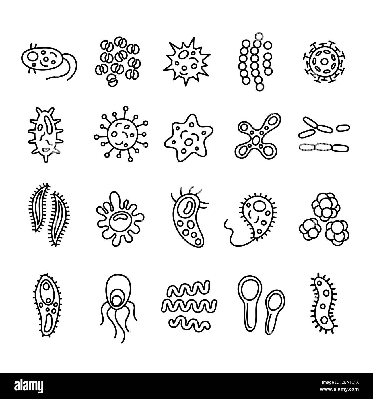 Bakterien und Viren sammeln sich in flacher Form, Mikroorganismen, die krankheitsverursachende Objekte verursachen. Verschiedene Arten, Bakterien, Viren, Coronavirus, Infusorium Stock Vektor
