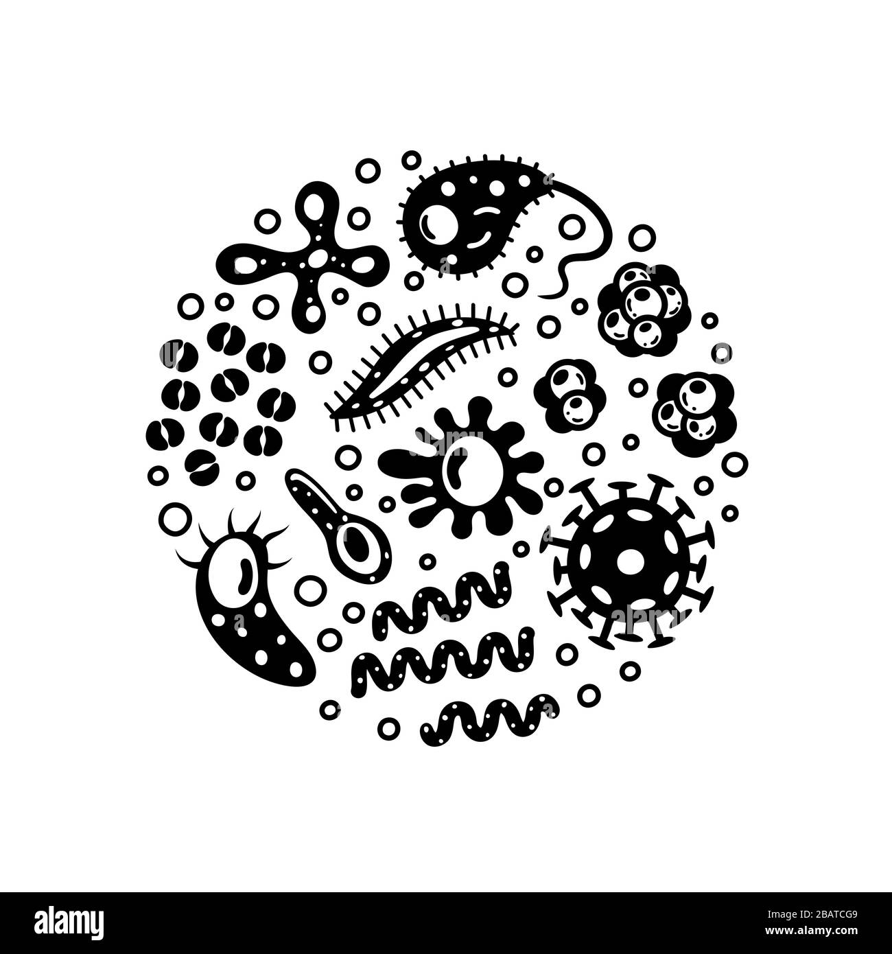 Bakterien und Viren im Kreis, Mikroorganismen, die krankheitsauslösende Objekte sind. Verschiedene Arten, Bakterien, Viren, Coronavirus, Infusorium, Streptokokken Stock Vektor