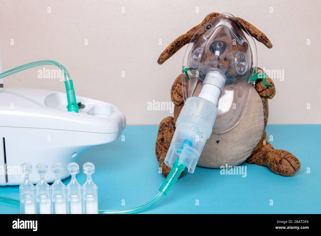 Coronavirus. Lustiger Hund mit medizinischer Gesichtsmaske oder Nebulisator zur Behandlung der Atemwege weitere fünf Ampullen und ein Inhalationsgerät an einem bl Stockfoto