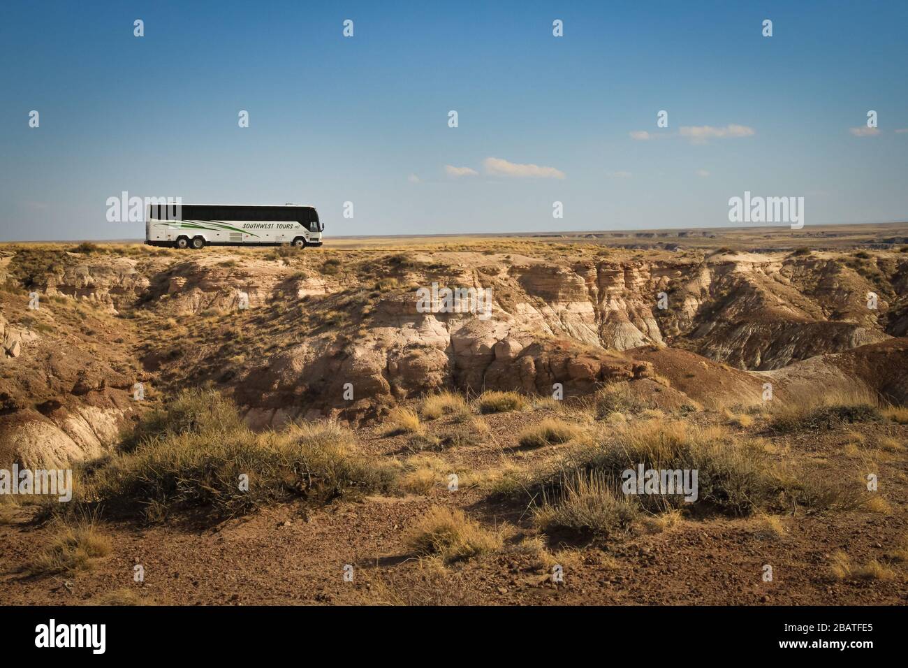 Tour Bus in einer westlichen Landschaft im Petrified Forest National Park in Arizona, USA Stockfoto