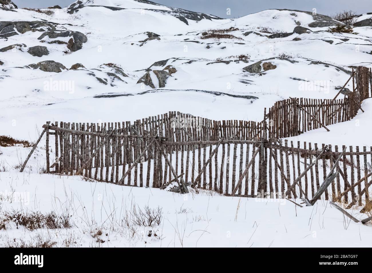 Zäune für die Viehhaltung im historischen Fischerdorf Tilting, auf Fogo Island in Neufundland, Kanada Stockfoto