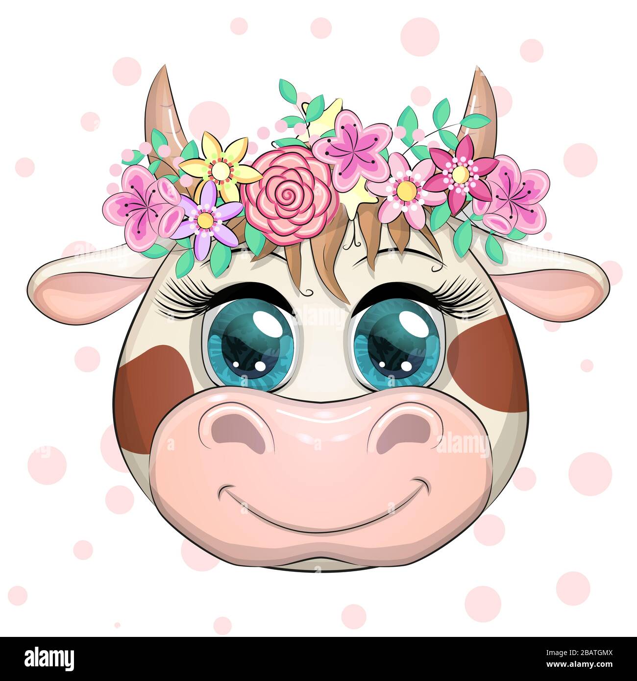 Niedliche Cartoon Gesicht Kuh In Einem Kranz Von Blumen Mit Schonen Blauen Augen Abbildung Der Kinder Stock Vektorgrafik Alamy
