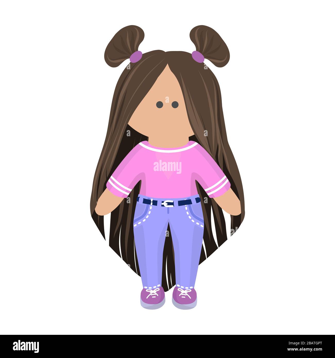 Susse Madchen Puppe Mit Langen Brunetten Haaren In Rosafarbenem T Shirt Und Blauer Jeans Und Violetten Turnschuhen Kinder Zeichentrickfigur Rag Puppe In Sommerkleidung Stock Vektorgrafik Alamy