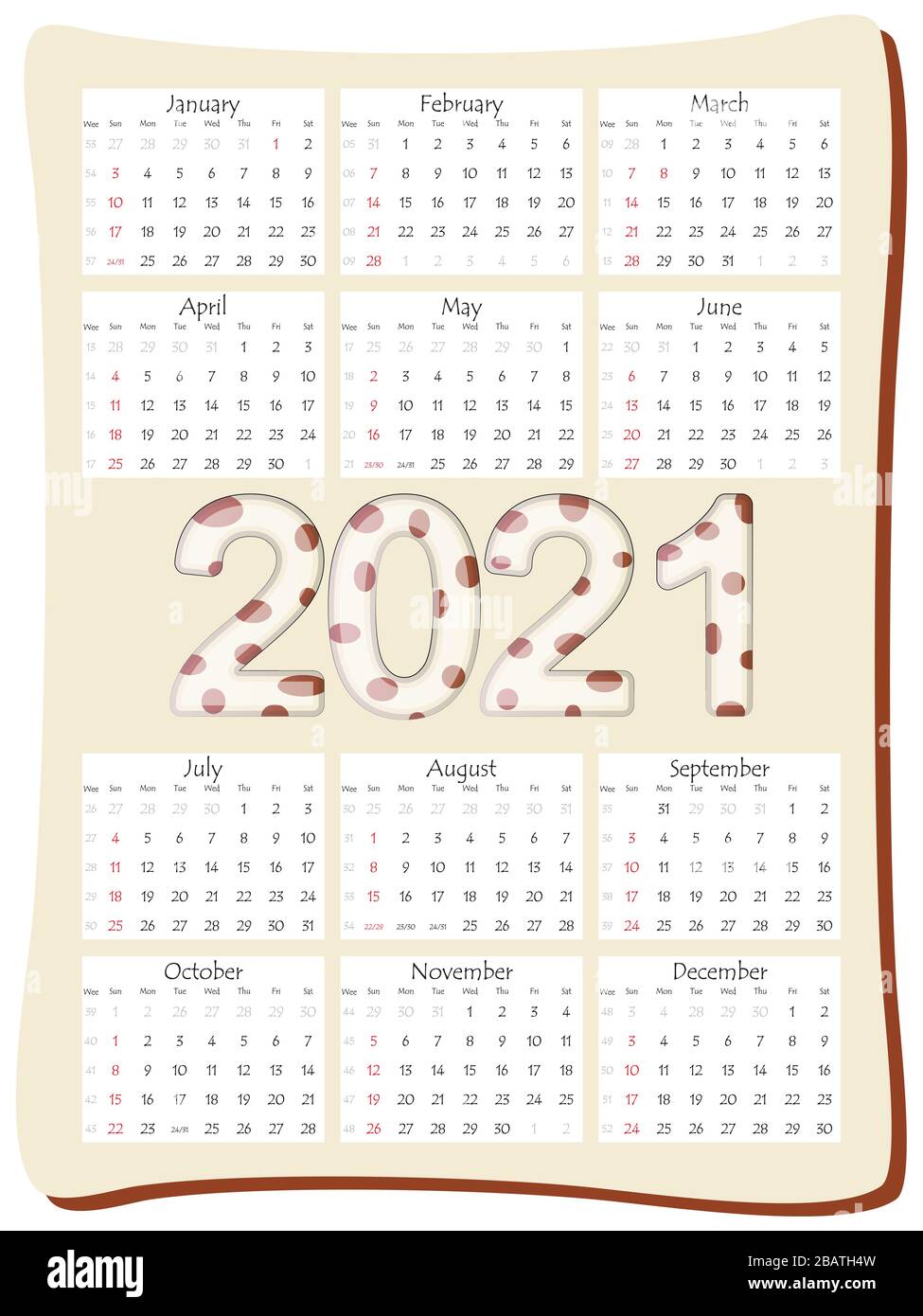 2021 Jahreskalender 12 Monate, Kalendervorlage in vertikaler Ausrichtung mit schöner Aufschrift 2021 mit dem Symbol der Jahreskuh, Stier. Stock Vektor