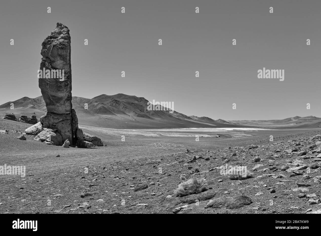 Der Guardian der Monks von Tara, Salar de Pujsa (Pujsa Salt Flat) und Anden Mountains im Hintergrund, Atacama-Wüste, Chile, schwarz-weiß Stockfoto