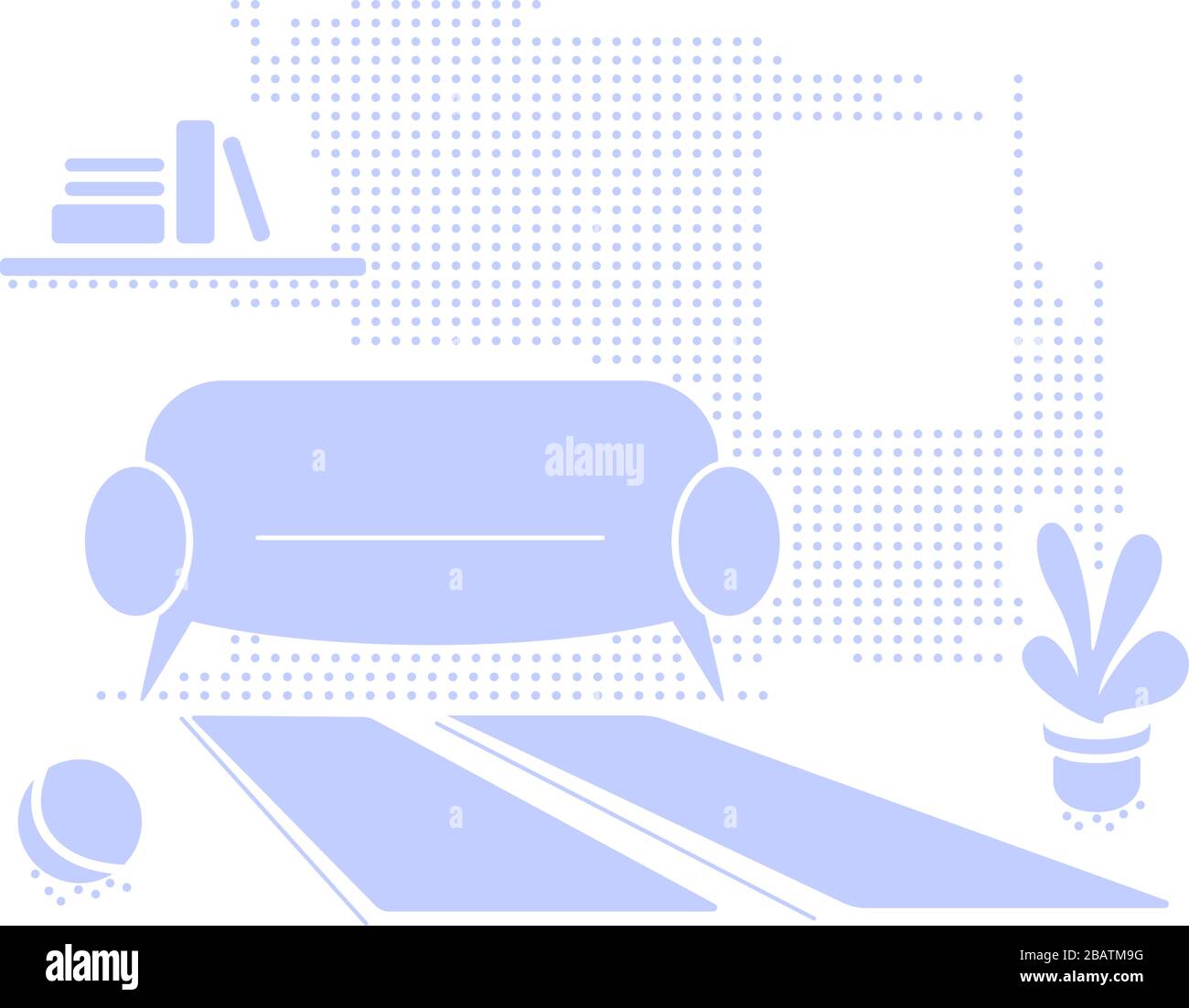 Blauer, strukturierter Hintergrund im Innenraum mit leerem Raum. Wohnzimmer mit Vektorgrafiken im Flachstil. Einfaches Sofa, Fenster, Bücherregal, Pflanzen, Teppich in monochromer Farbe. Minimalistisches, gemütliches Apartment Stock Vektor
