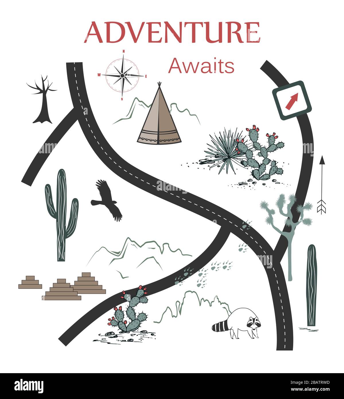 Straßen, Berge und Kakteen Abenteuerkarte. Design für Druck oder Poster mit stammesamerikanischen Elementen. Vektorgrafiken Stock Vektor