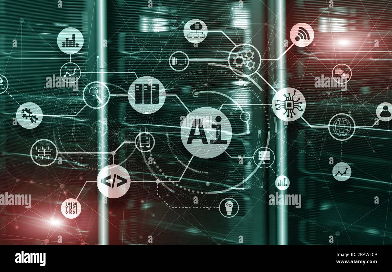 Künstliche Intelligenz. AI. Infografik Illustration auf fantastische Computer-Center. Stockfoto