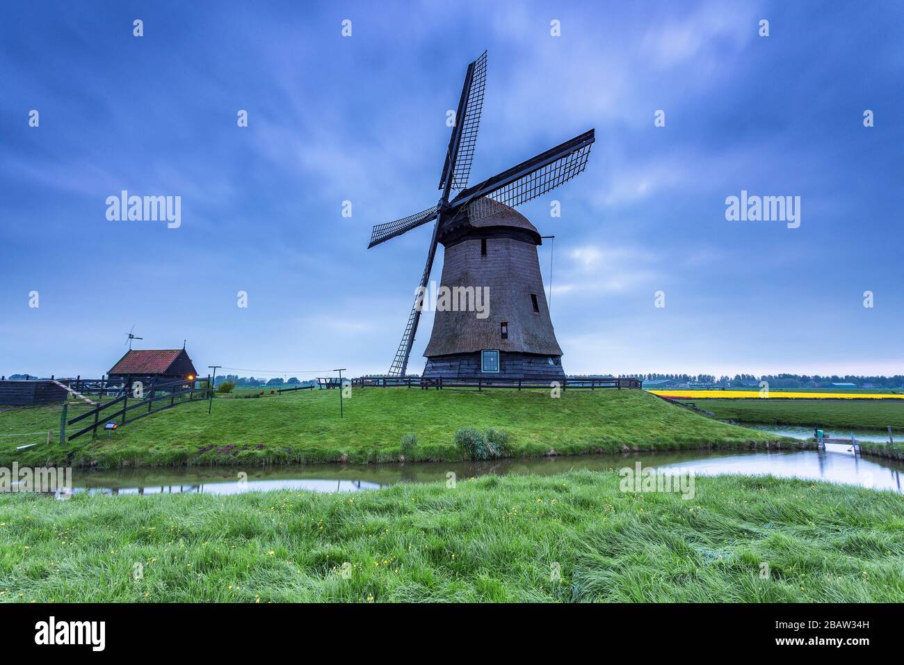 Grüne Rasenfelder und eine Windmühle spiegelten sich in der Abenddämmerung im Kanal wider. Berkmeer, Koggenland, Nordholland, Niederlande, Europa. Stockfoto