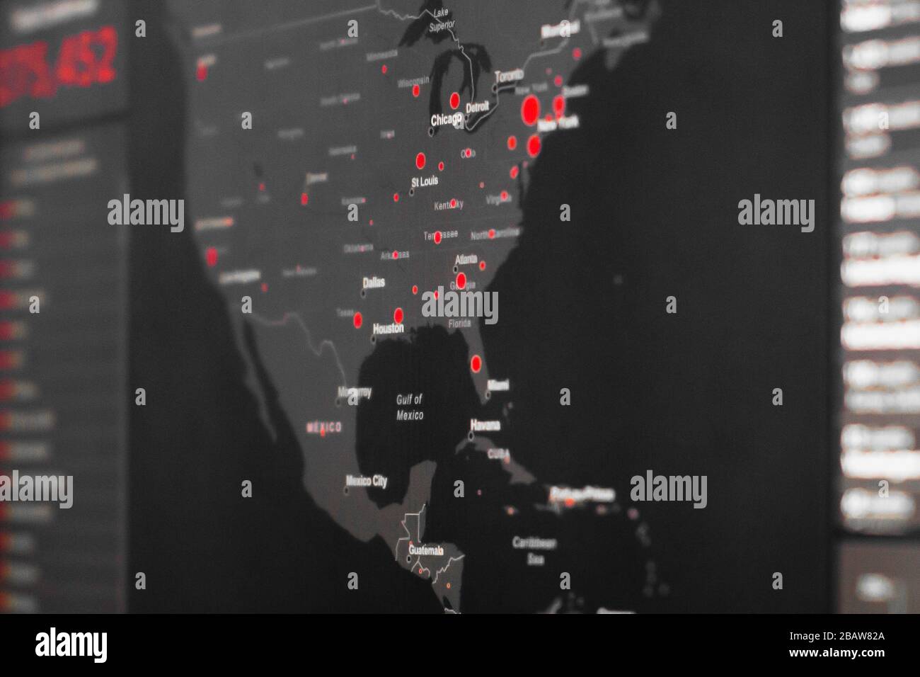 USA Karte von Coronavirus, SARS-COV-2. Bestätigte Fälle von Coronavirus-Krankheit in der Welt. Bericht weltweit über COVID-19-Verbreitung, San Stockfoto
