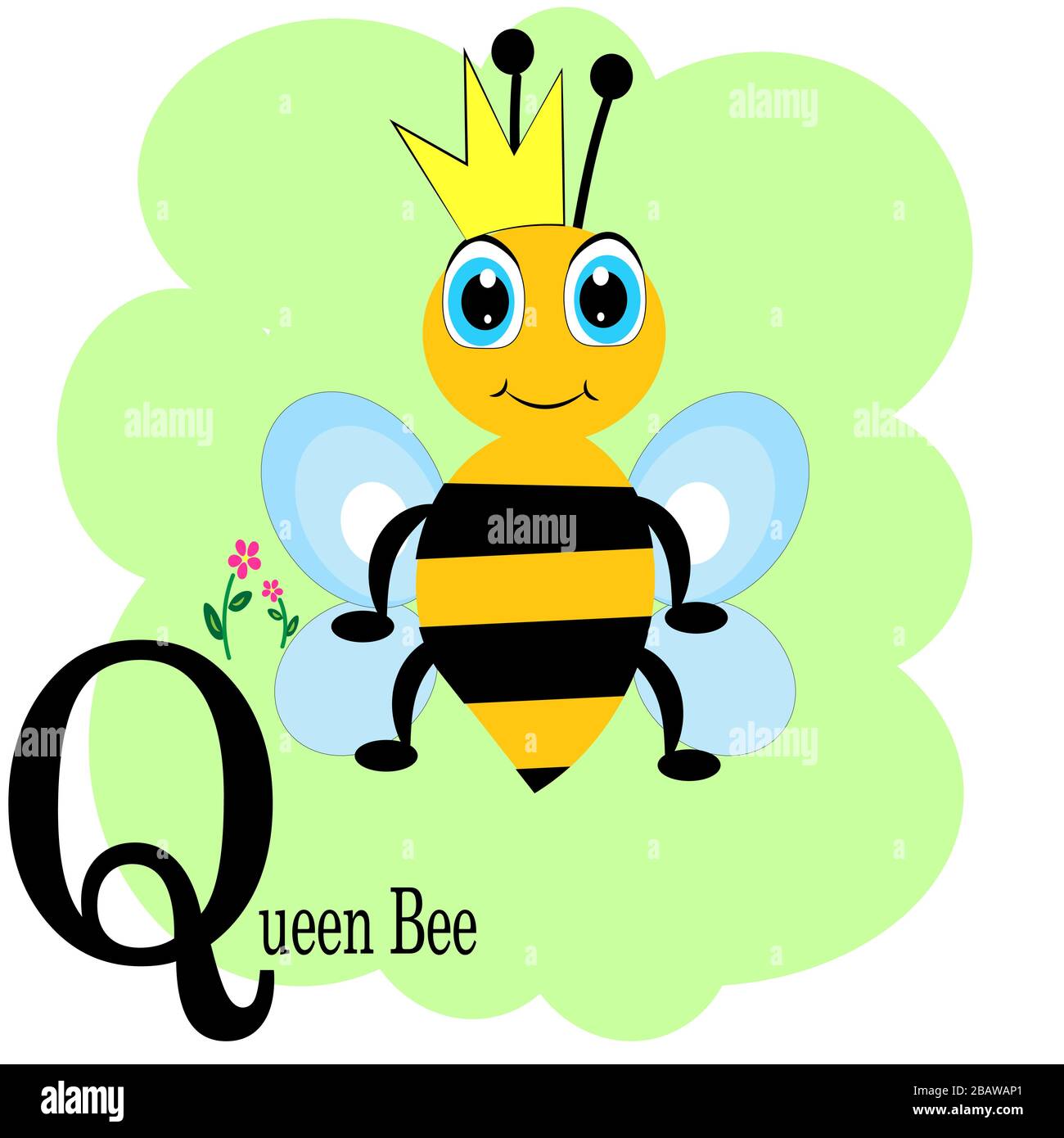 Q für das Poster mit dem Alphabet der Bienenkönigin und der Tierbiene Stock Vektor