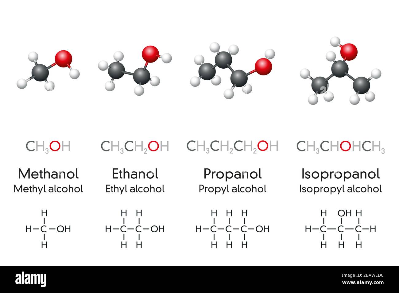 Methanol, Ethanol, Propanol und Isopropanol, Molekularmodelle und chemische Formeln von Alkoholverbindungen. Wird als Kraftstoff, Antiseptikum und Desinfektionsmittel verwendet. Stockfoto