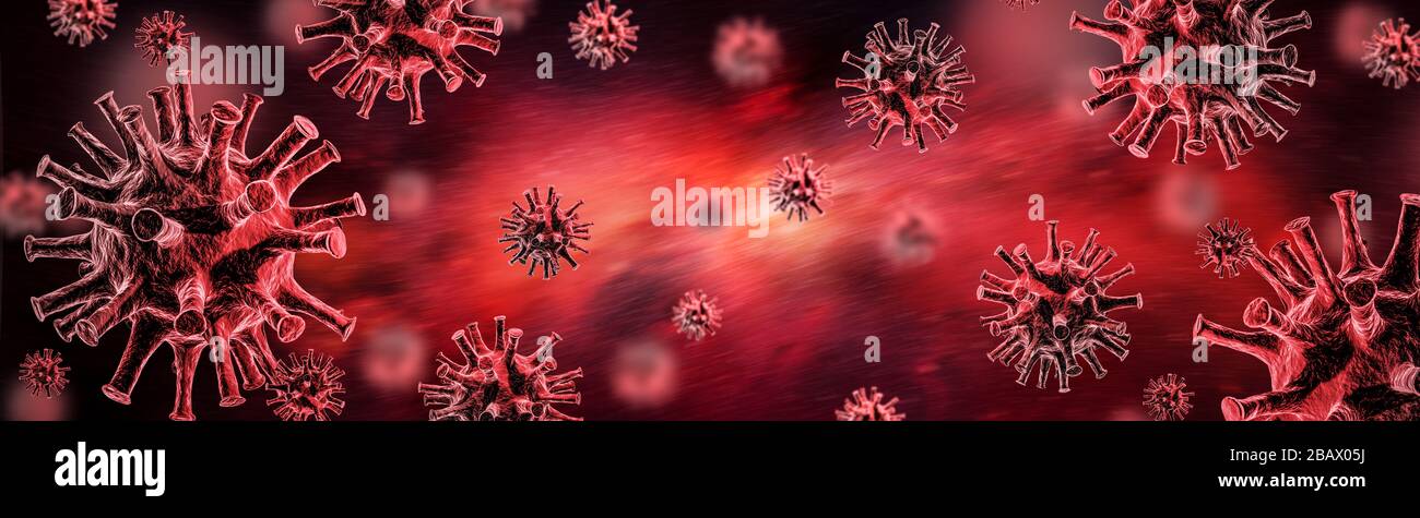 Abbildung: Grippe-COVID-19-Viruszelle. Coronavirus Covid 19 - Hintergrund der Influenza-Epidemie. Pandemic Medical Health Risk 3D-Illustrationskonzept. Stockfoto