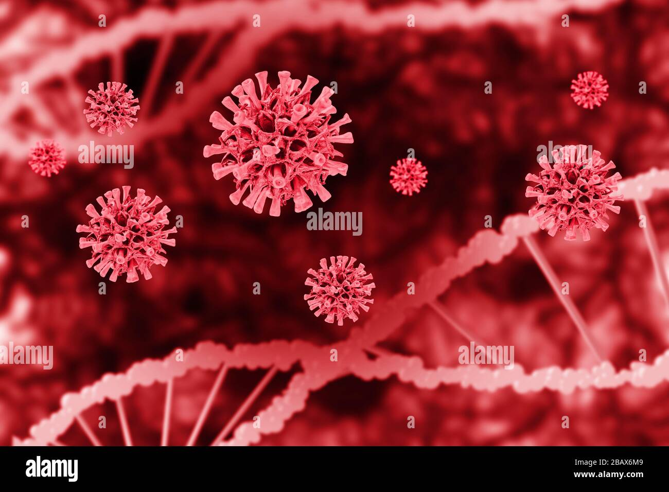 Coronaviruszellen verschwommen dna-Spiralhintergrund. Konzept der Virusgefährdung. Stockfoto