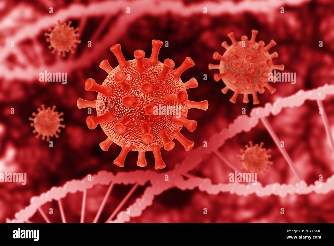 Viruszellen verschwimmen den dna-Spiralhintergrund. Konzept der Gefährdung durch Coronavirus. Stockfoto