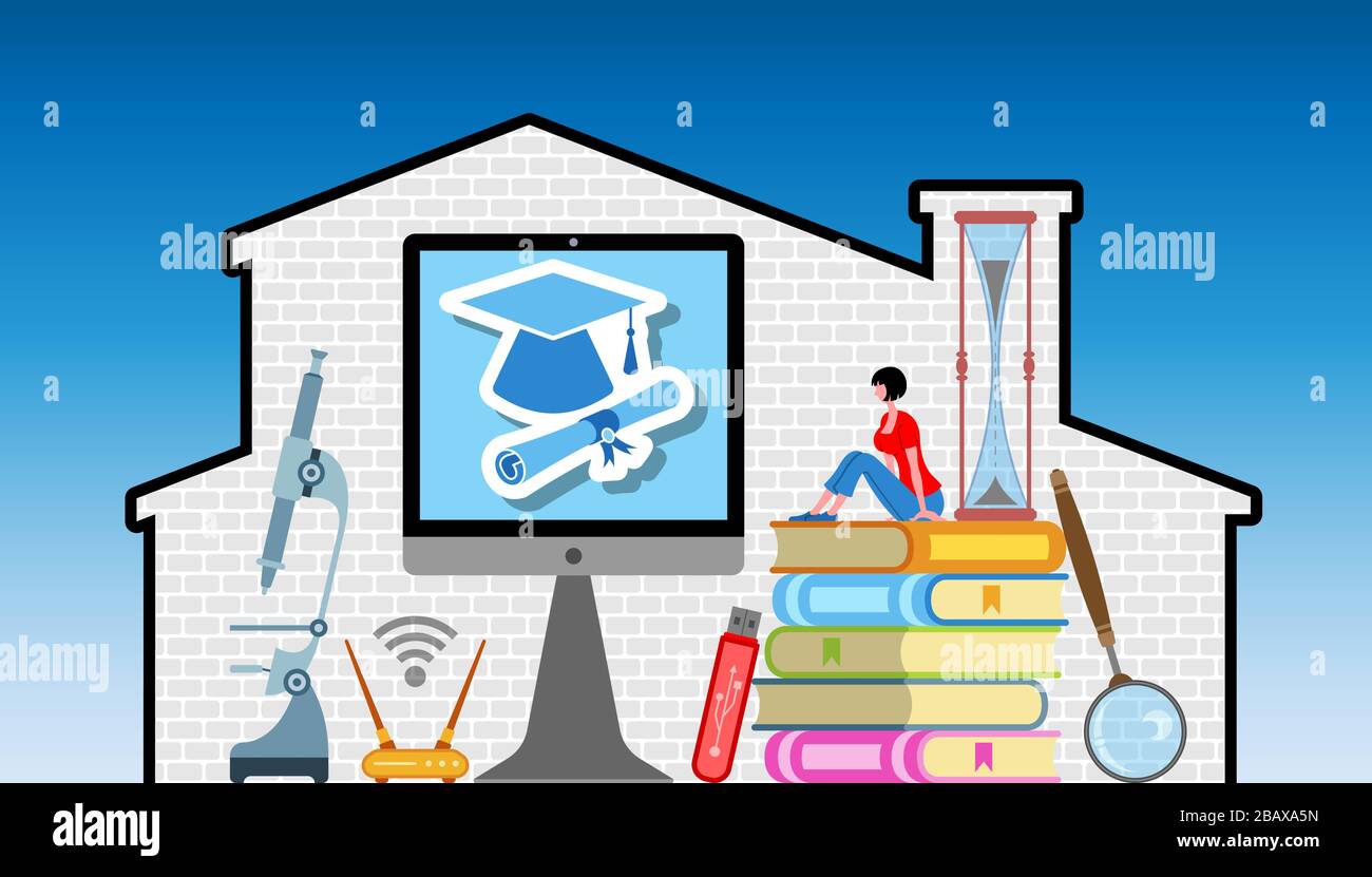 Ein Student, der zu Hause zum Diplom studiert. Alle Objekte, Schatten und Hintergrund befinden sich in verschiedenen Ebenen. Stock Vektor