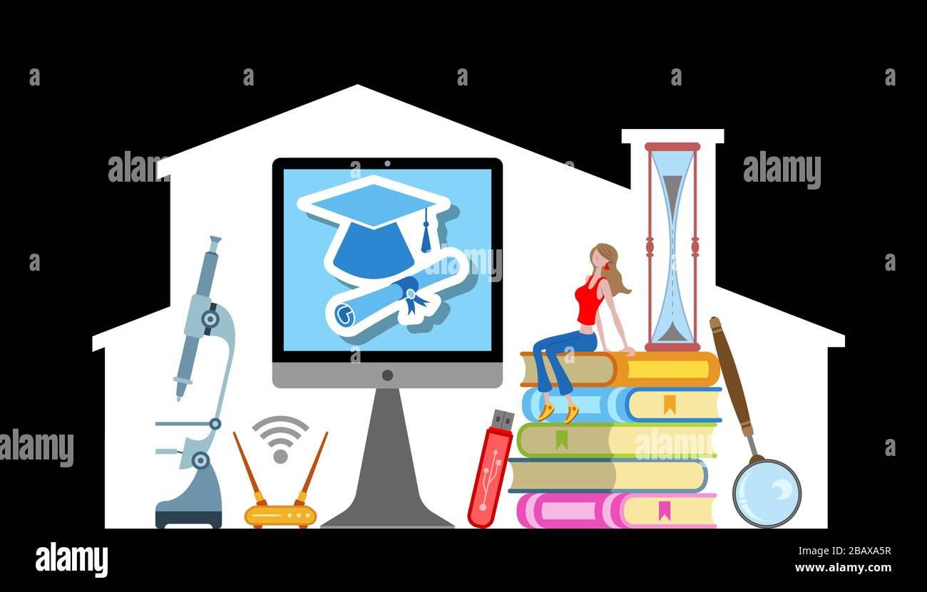 Ein Student, der zu Hause mit E-Learning studiert. Alle Objekte, Schatten und Hintergrund befinden sich in verschiedenen Ebenen. Stock Vektor