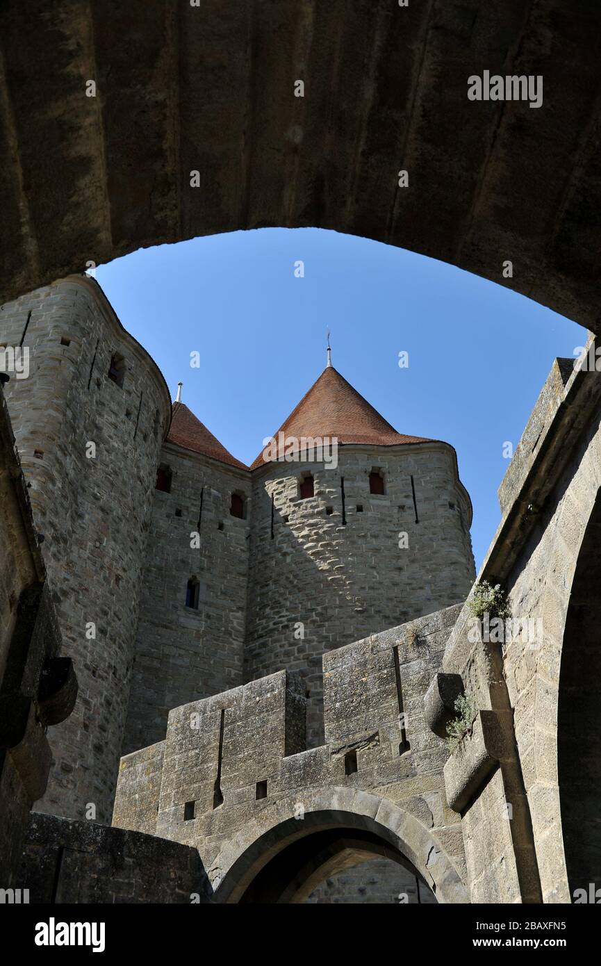 Zitadelle, ummauerte Stadt und Burg in Carcassonne, Aude, Frankreich Stockfoto