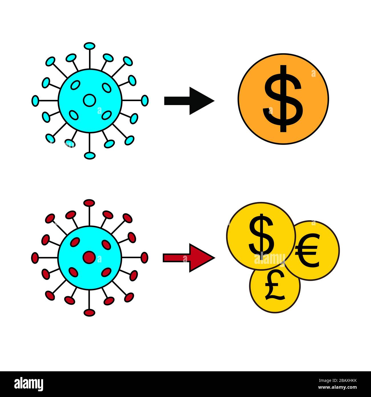 Coronavirus COVID-19-Virus wird zu einem Dollar und einer anderen Währung. Konzeptdarstellung für Makig Money aus der globalen Pandemie- und Corona-Viruskrise Stockfoto