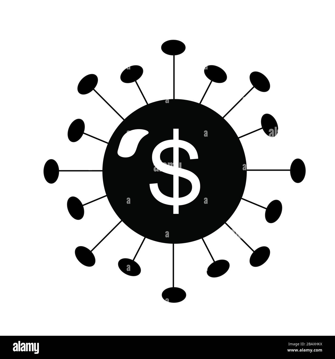 Coronavirus Form mit Dollarzeichen im Zentrum. Konzeptdarstellung für Finanzen und Wirtschaft während der globalen Pandemie. Stockfoto