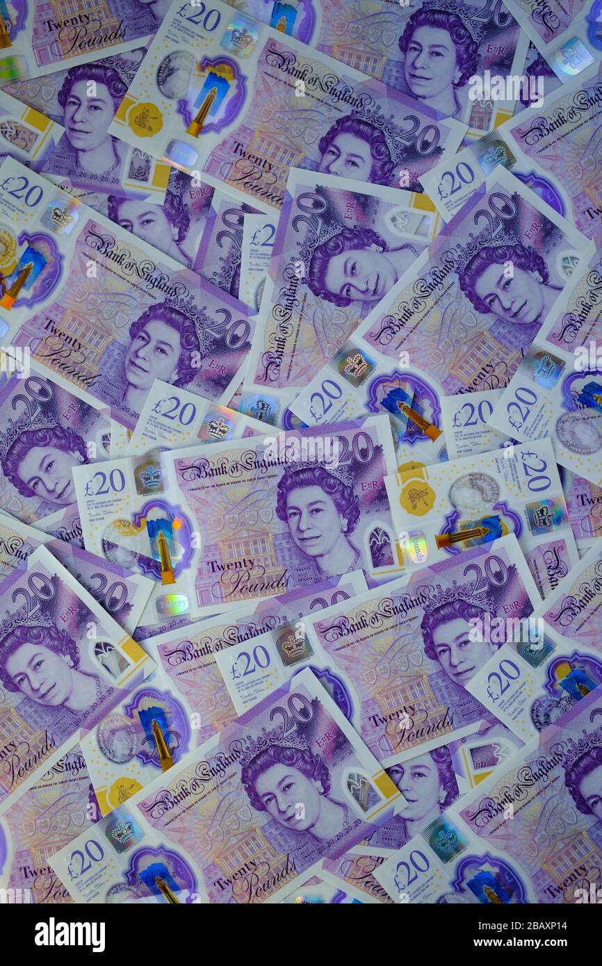 Hintergrund aus dem neuen Polymer 20 British Pound Sterling Bills. Stockfoto